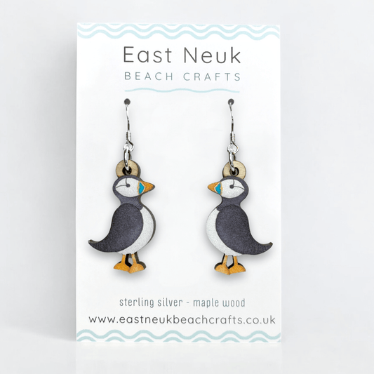 Puffin Earrings - Sterling Silver and Maple Wood - East Neuk Beach Crafts