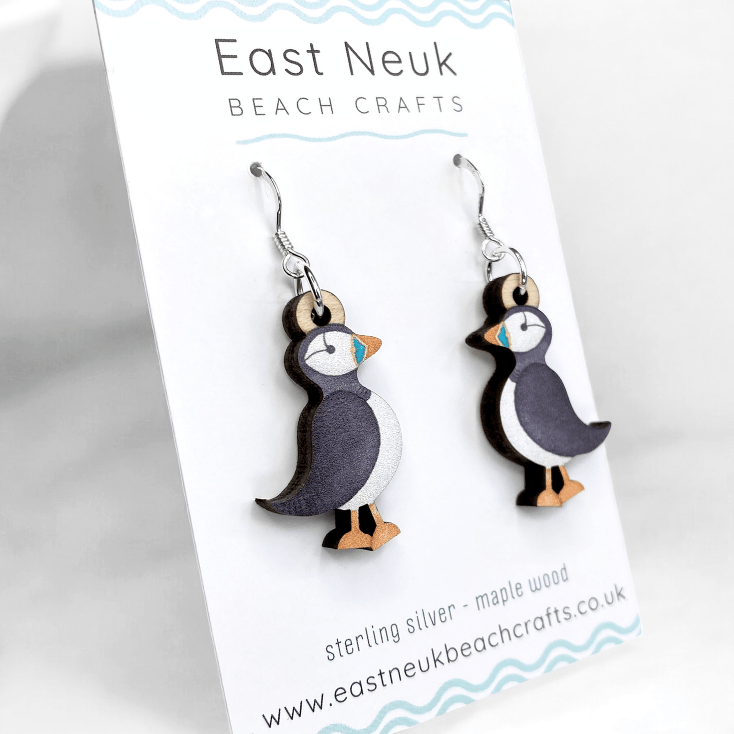 Puffin Earrings - Sterling Silver and Maple Wood - East Neuk Beach Crafts