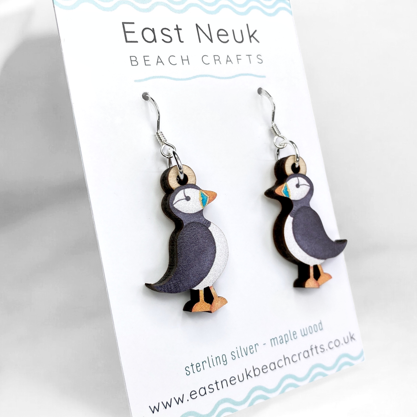 Puffin Earrings - Sterling Silver and Maple Wood