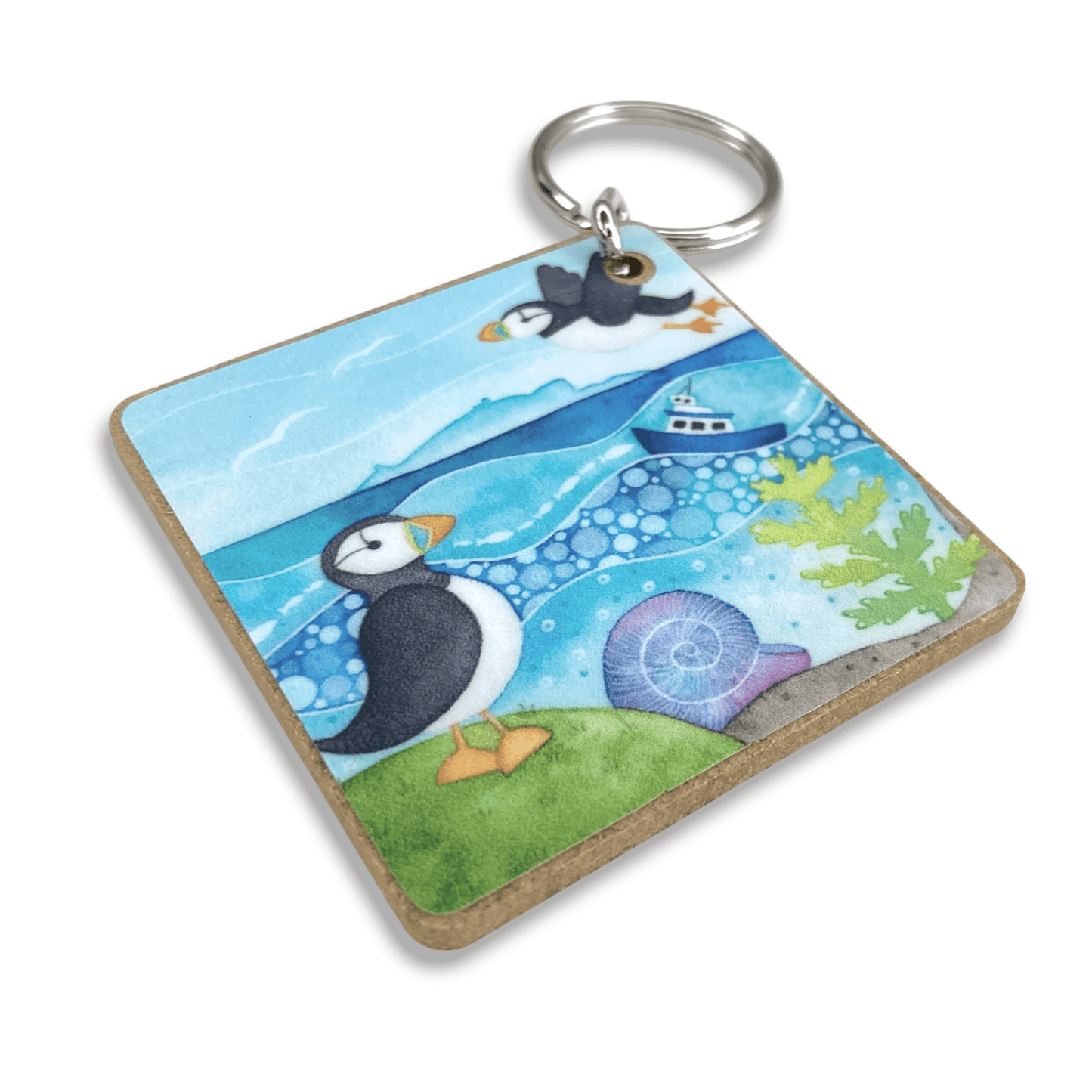 Puffins Keyring - Square Wooden Key Chain - East Neuk Beach Crafts