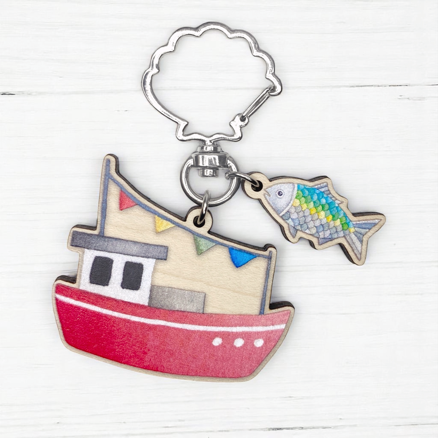 Wooden Keyring - Fishing Boat and Fish - Maple Wood Key Chain with Shell Clasp