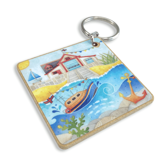 RNLI Lifeboat Keyring - Square Wooden Key Chain - East Neuk Beach Crafts