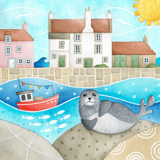 Seal Greetings Card - Pittenweem Harbour - Seaside Watercolour