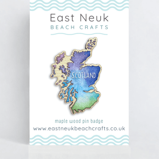 Scotland Map Pin Badge - Scottish Wooden Brooch - East Neuk Beach Crafts