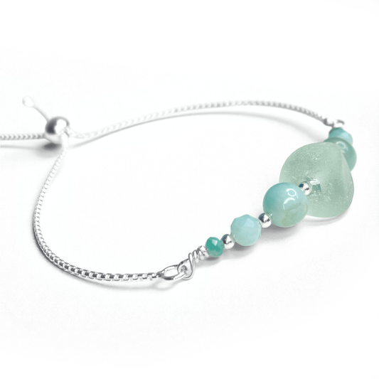 Sea Glass Bracelet - Aqua Green - Silver and Amazonite Crystal