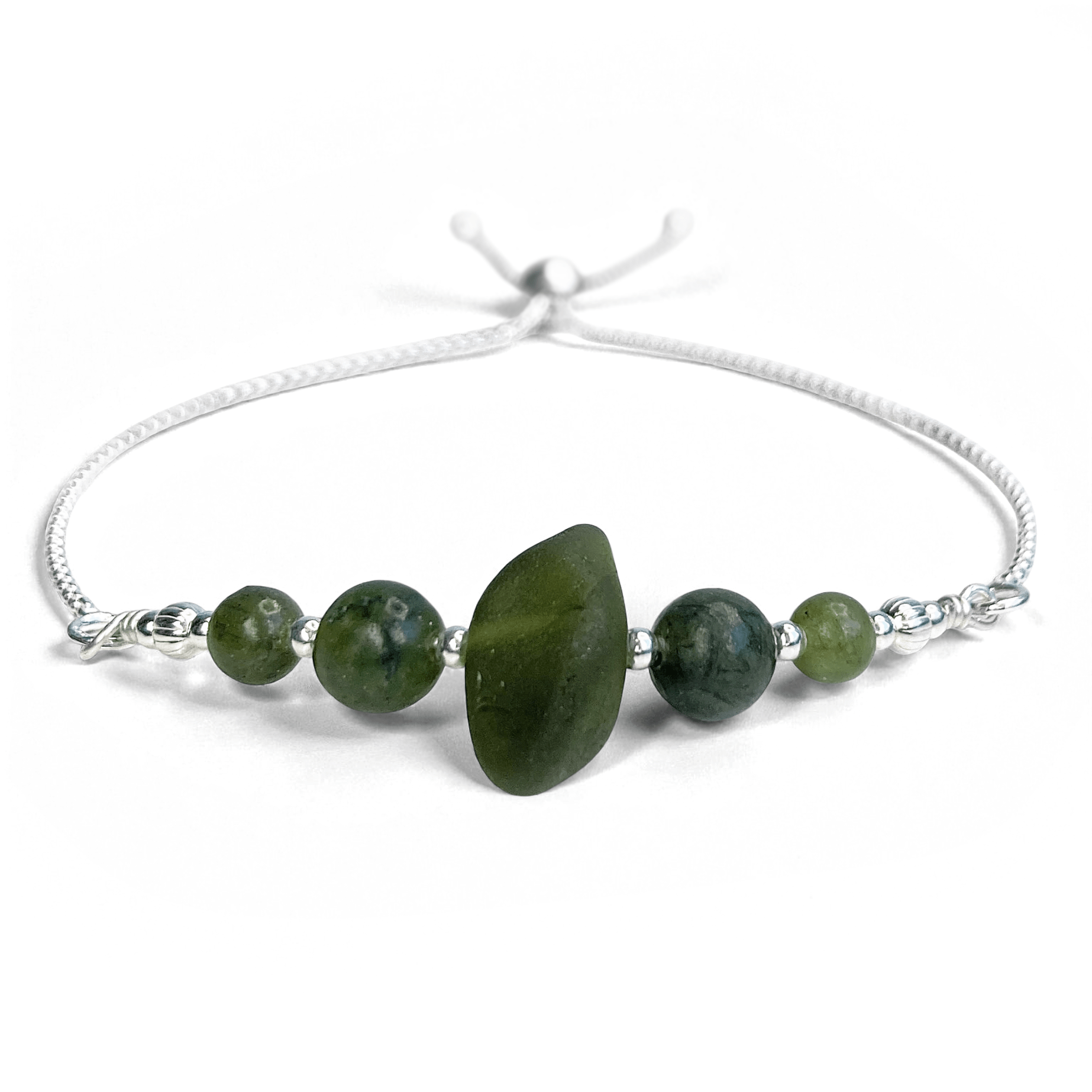 Sea Glass Bracelet - Olive Green - Silver and Jade Crystal – East