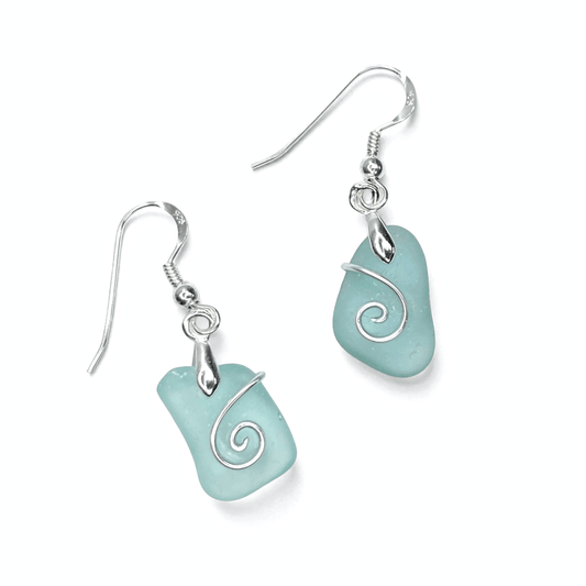 Sea Glass Earrings - Aqua Green Celtic Silver Wire Wrapped Jewellery - East Neuk Beach Crafts