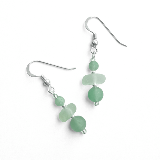 Sea Glass Earrings - Beaded - Green Aventurine Crystal - East Neuk Beach Crafts