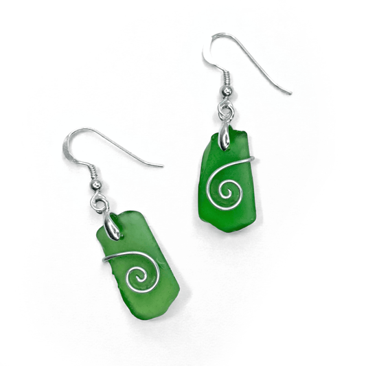 Sea Glass Earrings - Emerald Green Celtic Silver Wire Wrapped Jewellery - East Neuk Beach Crafts