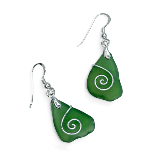 Sea Glass Earrings - Olive Celtic Wire Wrapped Jewellery