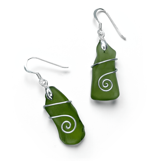 Sea Glass Earrings - Olive Celtic Wire Wrapped Jewellery - East Neuk Beach Crafts