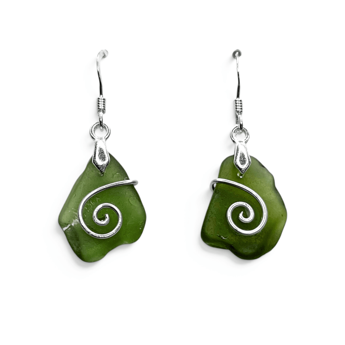 Sea Glass Earrings - Olive Green Celtic Scottish Jewellery - East Neuk Beach Crafts