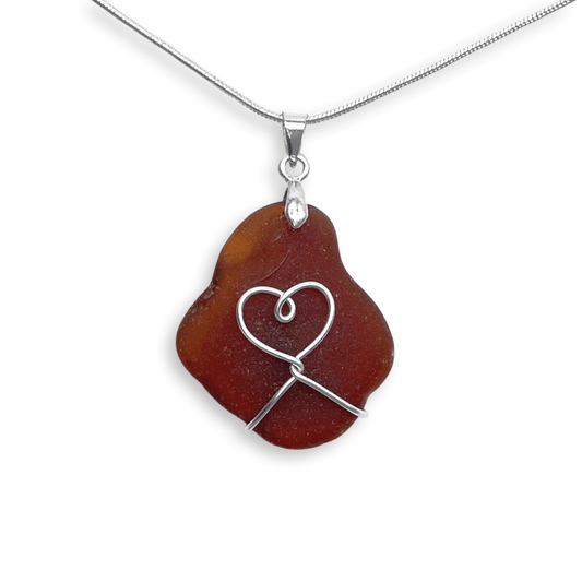 Sea Glass Necklace - Amber Brown Heart Wire Wrapped Pendant - Scottish Silver Jewellery - East Neuk Beach Crafts