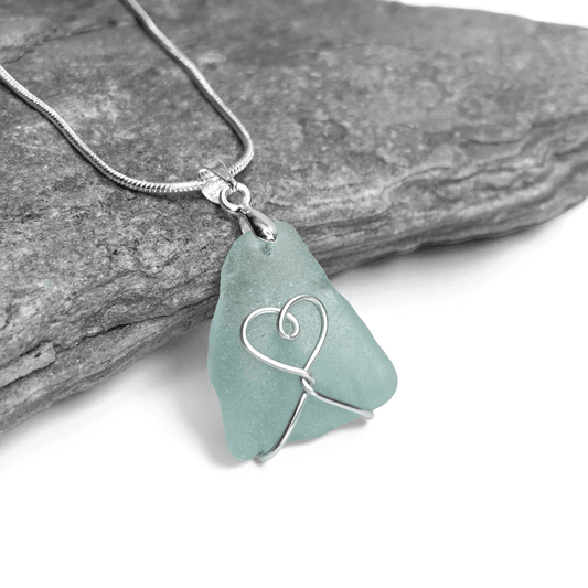 Sea Glass Necklace - Aqua Green Heart Wire Wrapped Pendant - Scottish Silver Jewellery - East Neuk Beach Crafts
