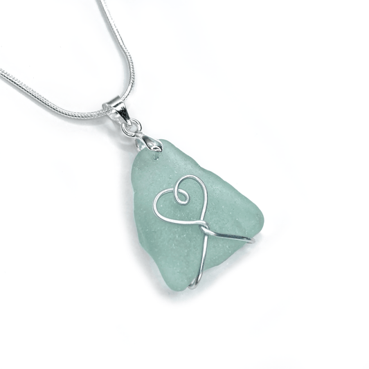 Sea Glass Necklace - Aqua Green Heart Wire Wrapped Pendant - Scottish Silver Jewellery - East Neuk Beach Crafts