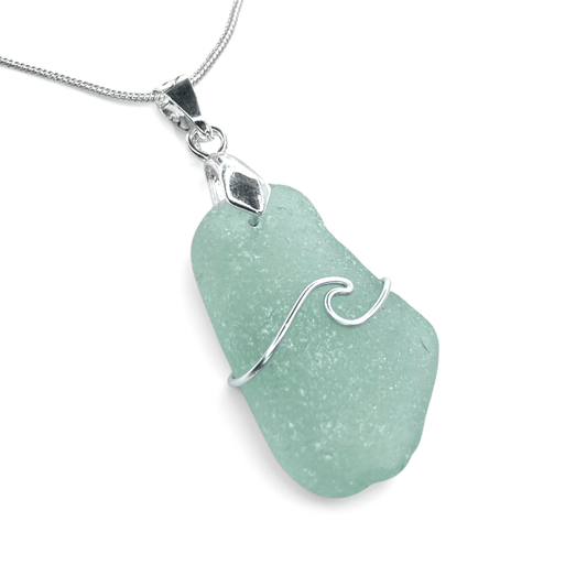 Sea Glass Necklace - Aqua Wave Pendant Scottish Jewellery - East Neuk Beach Crafts