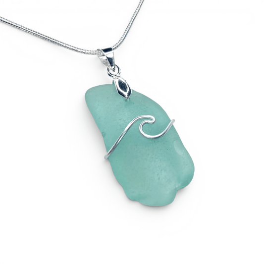 Sea Glass Necklace - Aqua Wave Pendant Scottish Jewellery - East Neuk Beach Crafts