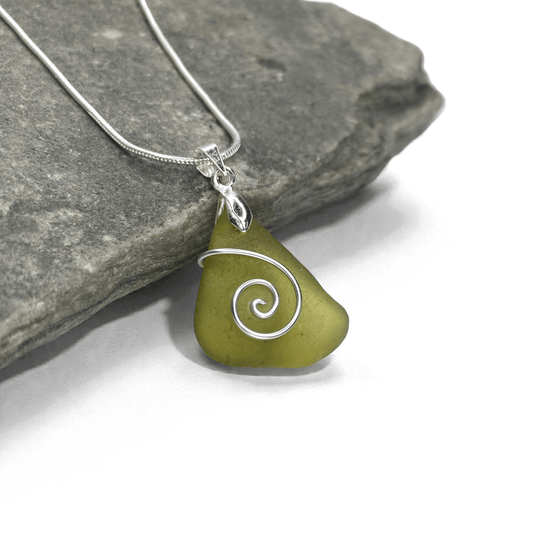 Sea Glass Necklace - Olive Celtic Pendant - Scottish Jewellery - East Neuk Beach Crafts