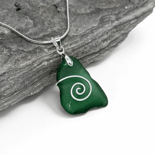 Sea Glass Necklace - Olive Green Celtic Wire Wrapped Pendant - Scottish Silver Jewellery - East Neuk Beach Crafts