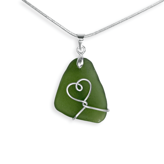 Sea Glass Necklace - Olive Green Heart Wire Wrapped Pendant - Scottish Silver Jewellery - East Neuk Beach Crafts