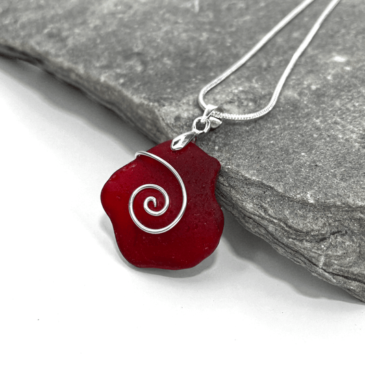 Sea Glass Necklace - Rare Dark Red Celtic Pendant - Scottish Silver Jewellery - East Neuk Beach Crafts