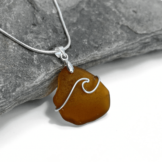 Sea Glass Pendant - Amber Brown Wave Wire Wrapped Necklace - Scottish Silver Jewellery - East Neuk Beach Crafts