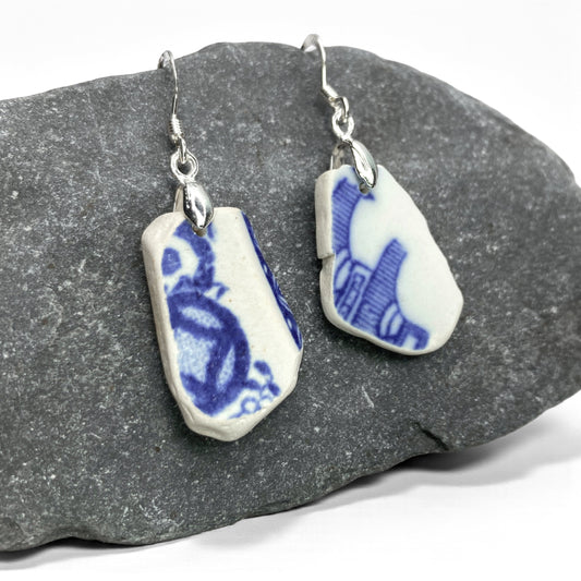 Sea Pottery Earrings - Antique Blue Beach China - East Neuk Beach Crafts
