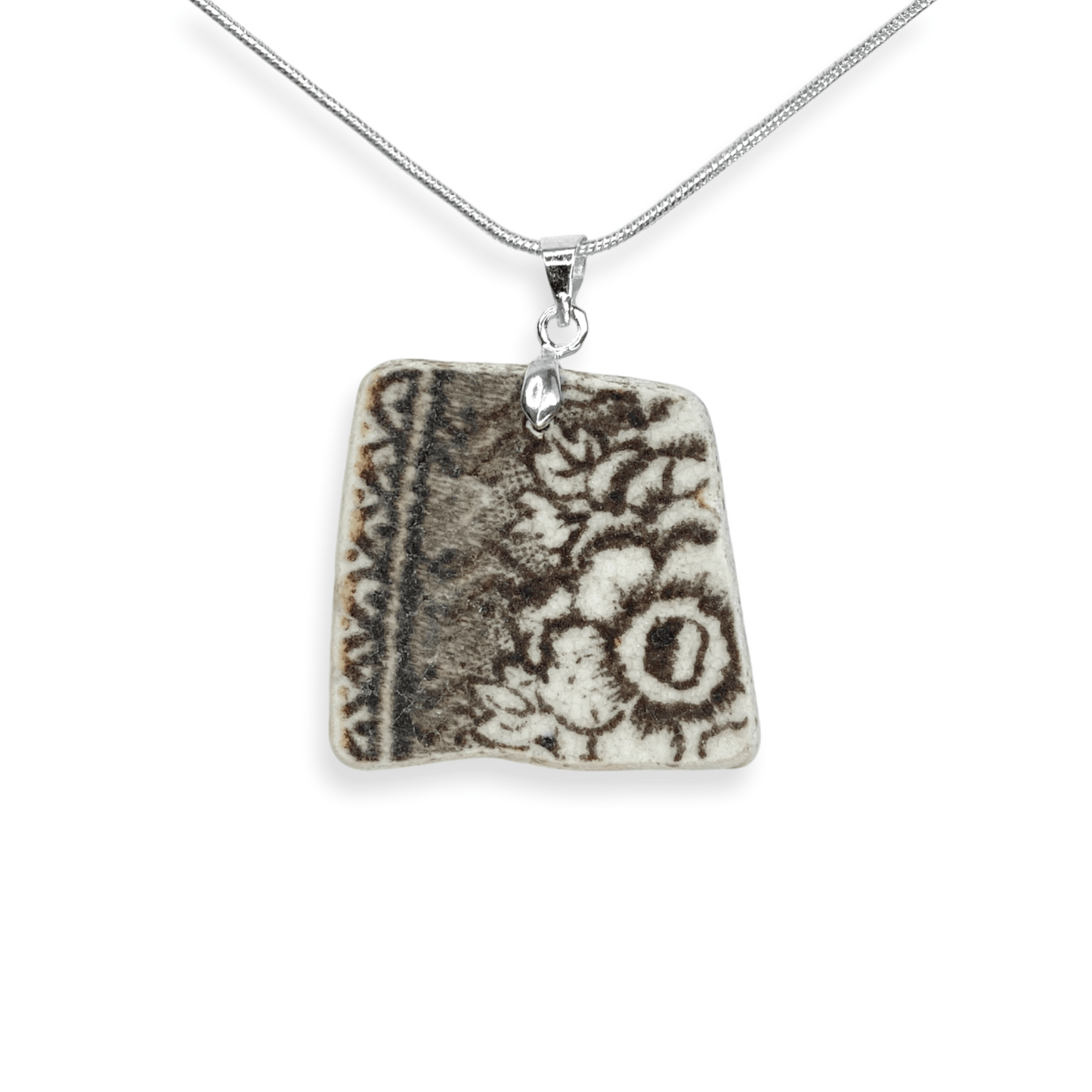 Sea Pottery Necklace - Antique Beach China - Brown Flower Pattern Pendant - East Neuk Beach Crafts