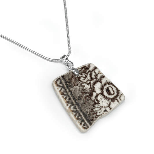 Sea Pottery Necklace - Antique Beach China - Brown Flower Pattern Pendant - East Neuk Beach Crafts