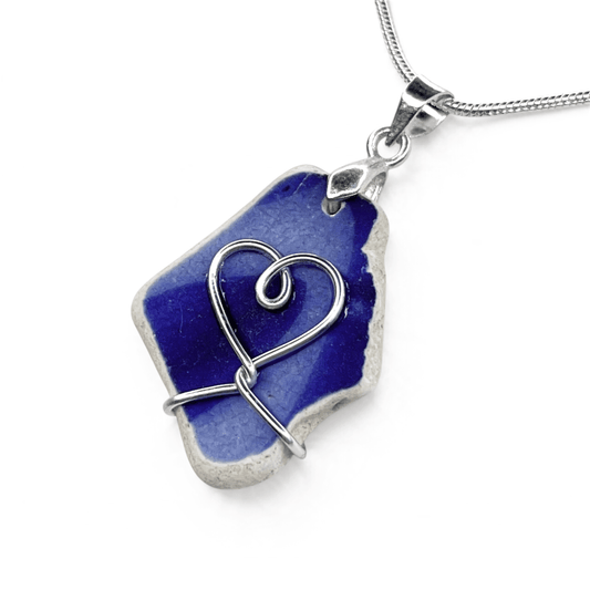 Sea Pottery Pendant - Antique Beach China - Blue Heart Necklace - East Neuk Beach Crafts