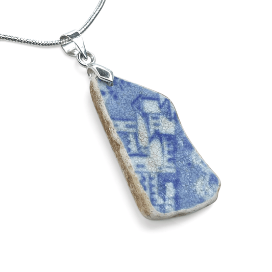 Sea Pottery Pendant - Antique Beach China - Blue Houses Pattern Necklace - East Neuk Beach Crafts