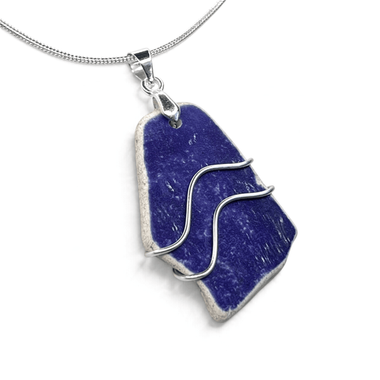 Sea Pottery Pendant - Antique Beach China - Blue Ripples Necklace - East Neuk Beach Crafts