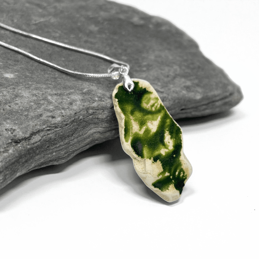Sea Pottery Pendant - Antique Beach China - Green Textured Pattern Necklace - East Neuk Beach Crafts