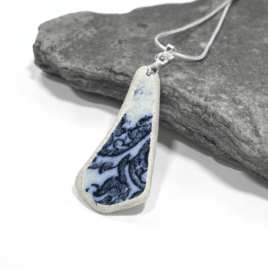 Sea Pottery Pendant - Antique Beach China - Navy Blue Necklace - East Neuk Beach Crafts