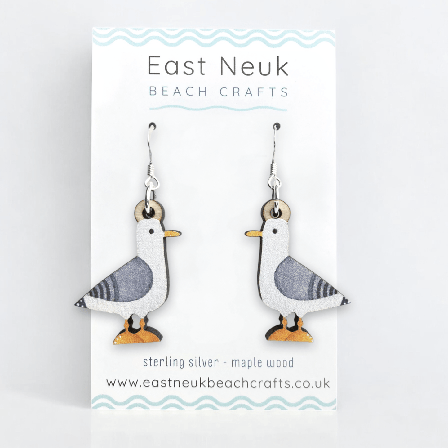 Seagull Earrings - Sterling Silver and Maple Wood - East Neuk Beach Crafts