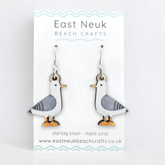 Seagull Earrings - Sterling Silver and Maple Wood - East Neuk Beach Crafts