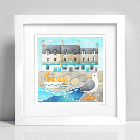 Seagull Framed Print - Anstruther Fish Bar - Seaside Watercolour