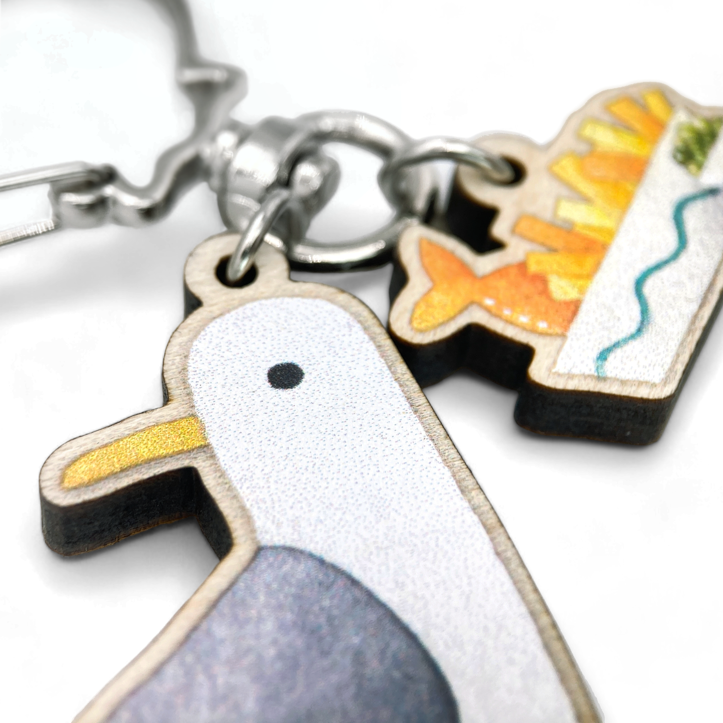 Wooden Keyring - Seagull with Fish and Chips - Maple Wood Key Chain with Shell Clasp