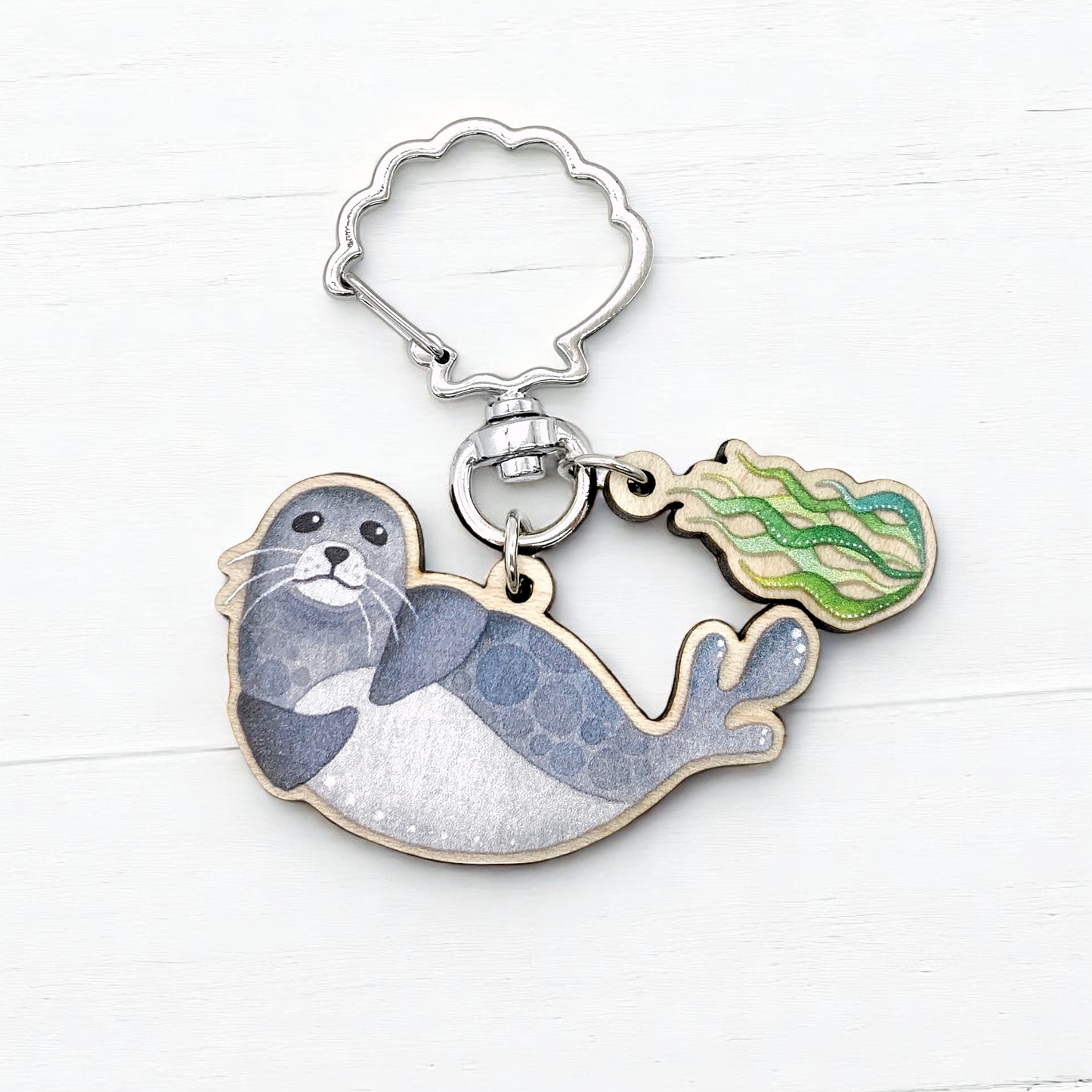 Wooden Keyring - Seal and Seaweed - Maple Wood Key Chain with Shell Clasp