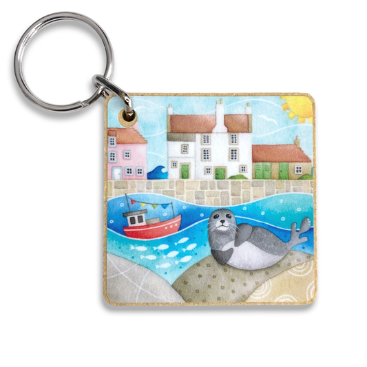 Keyring - Seal at Pittenweem Harbour - Wooden Key Fob