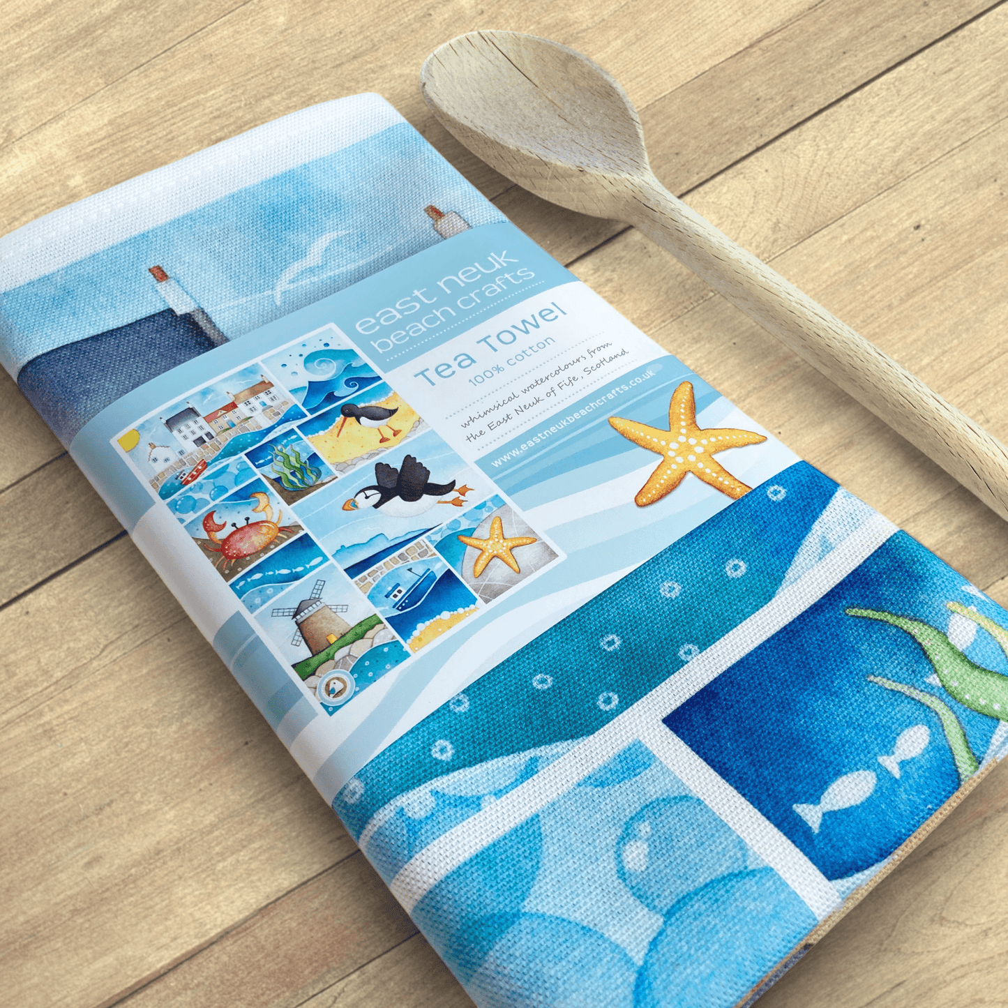 Seaside Tea Towel - Coastal Kitchen - Crail, Crab, Puffin, Oystercatcher, St Monans - East Neuk Beach Crafts