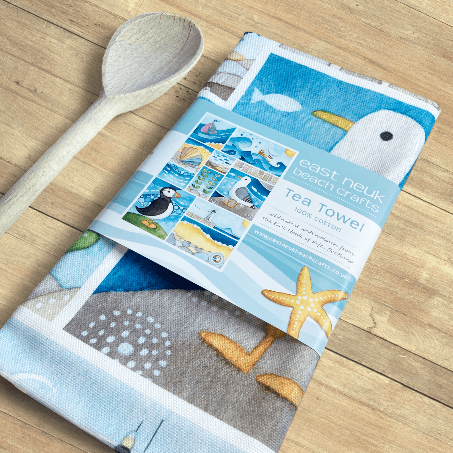 Seaside Tea Towel - Coastal Kitchen - Puffin, Seagull, Boats, Anstruther Beach - East Neuk Beach Crafts