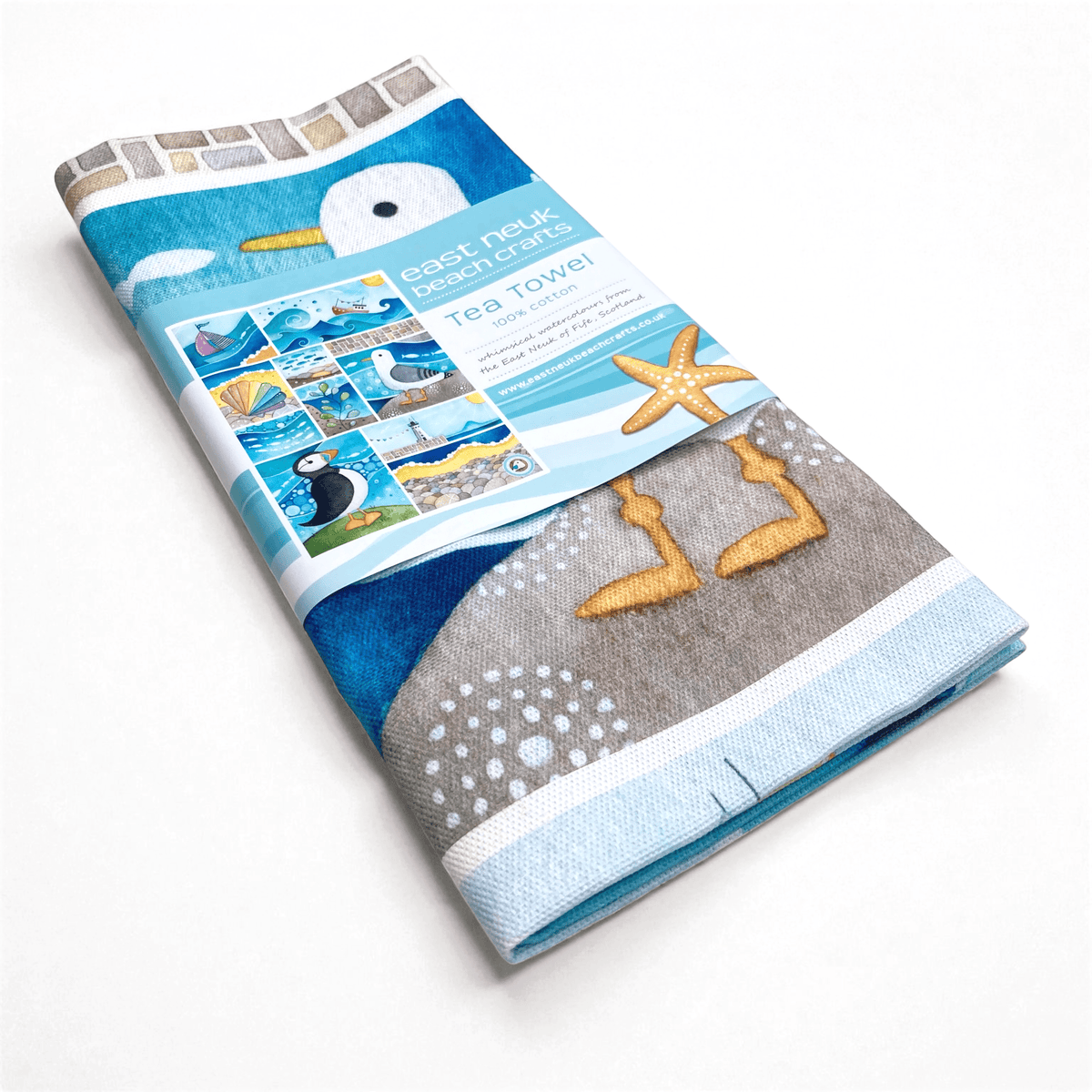 Seaside Tea Towel - Puffin, Seagull, Boats, Lighthouse - East Neuk Beach Crafts