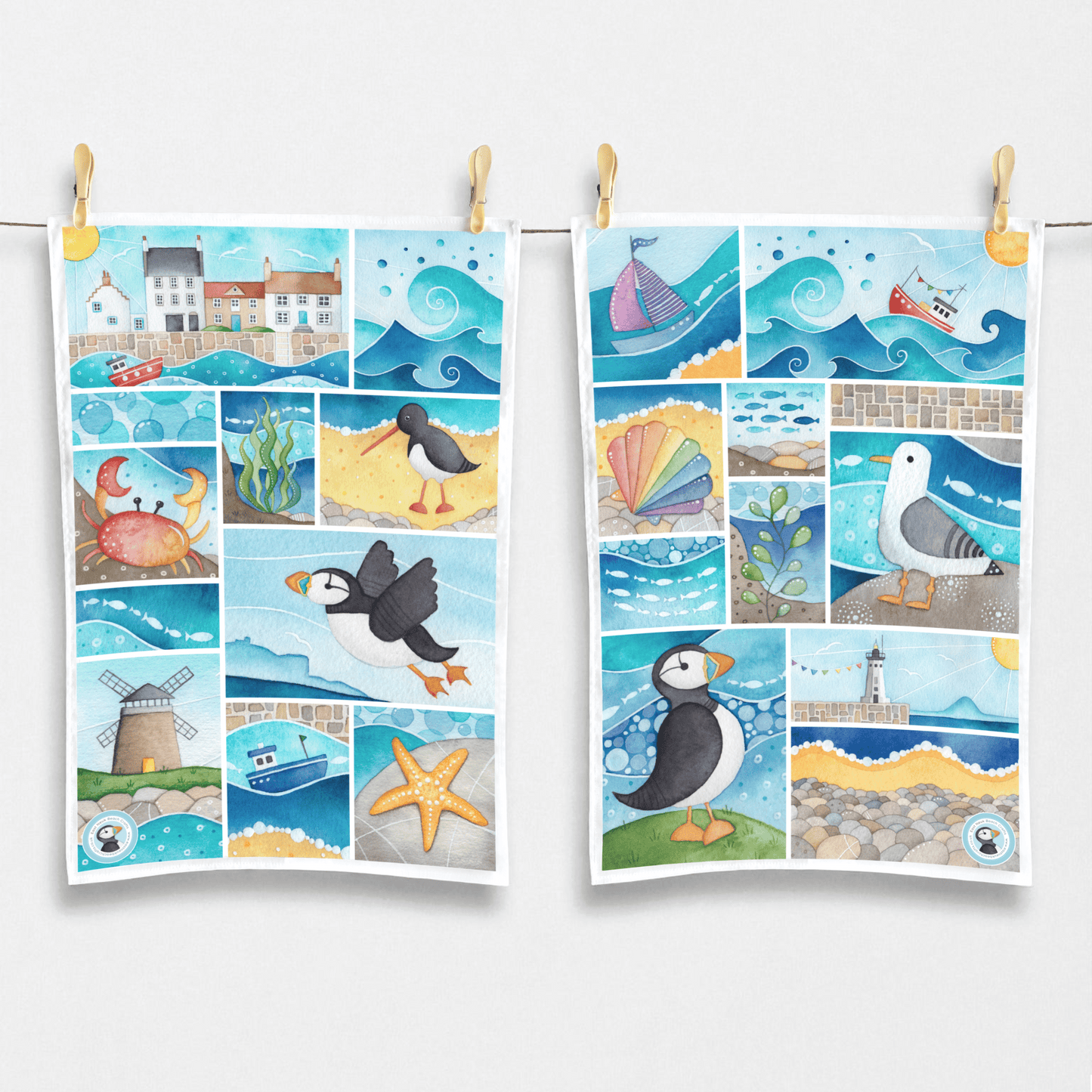 Seaside Tea Towel Set x2 - Puffin, Seagull, Crab, East Neuk of Fife - Save £3