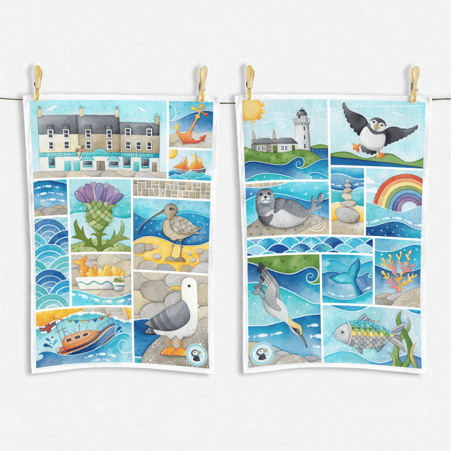 Seaside Tea Towel Set x2 - Puffin, Seagull, Seal, East Neuk of Fife - Save £3