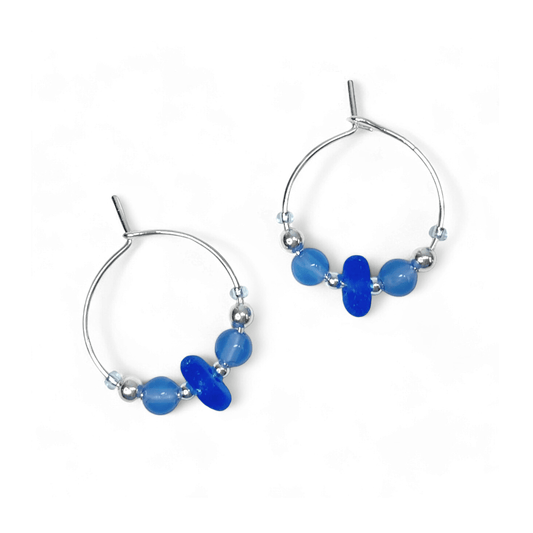 Small Sea Glass Hoop Earrings - Sterling Silver with Blue Onyx Crystal Beads - East Neuk Beach Crafts