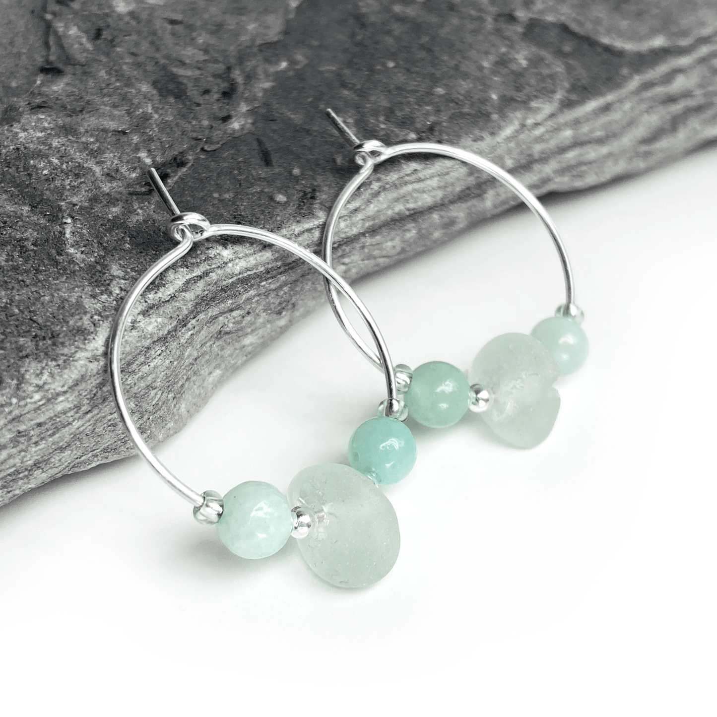 Small Sea Glass Hoop Earrings - Sterling Silver with Green Amazonite Crystal Beads - East Neuk Beach Crafts