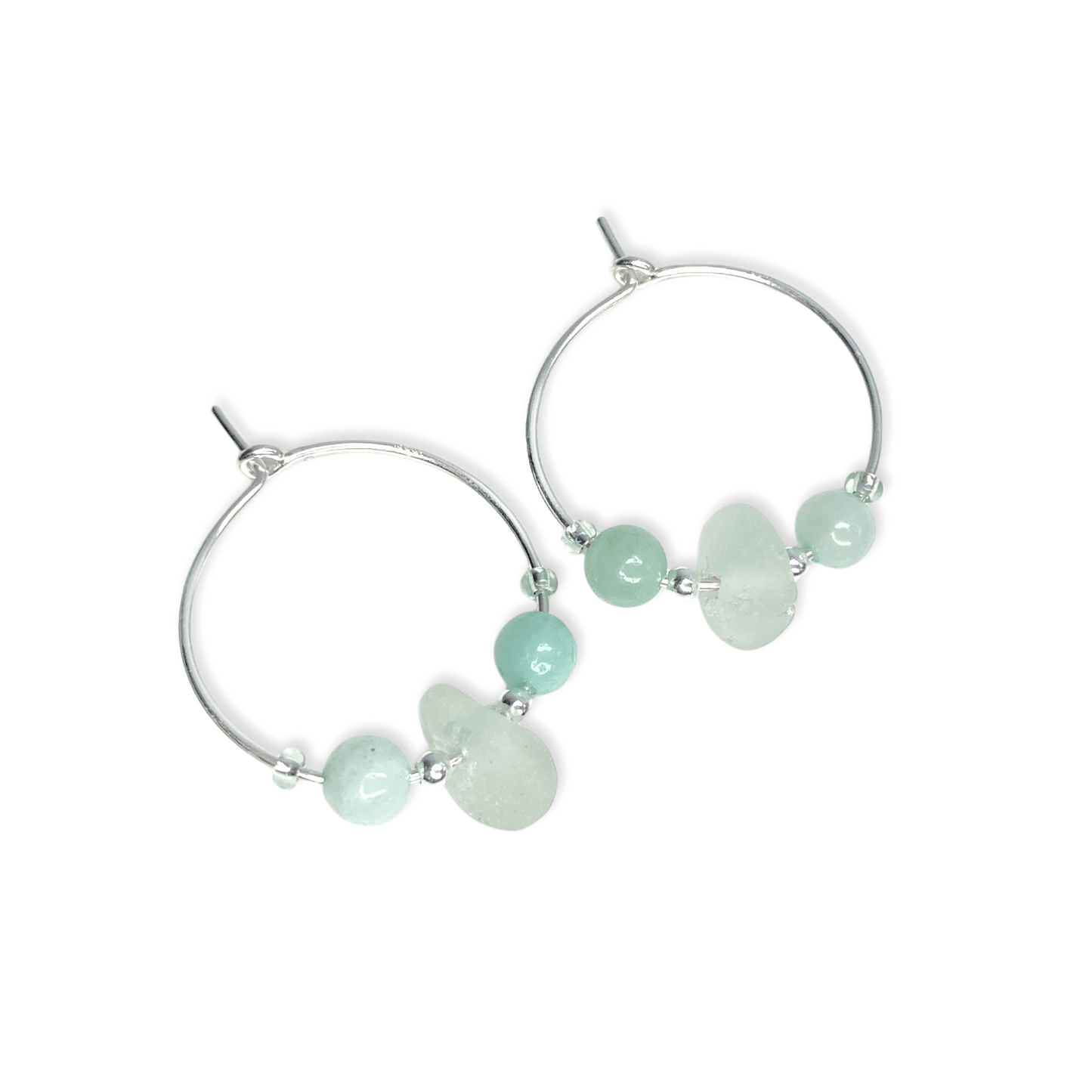 Small Sea Glass Hoop Earrings - Sterling Silver with Green Amazonite Crystal Beads - East Neuk Beach Crafts