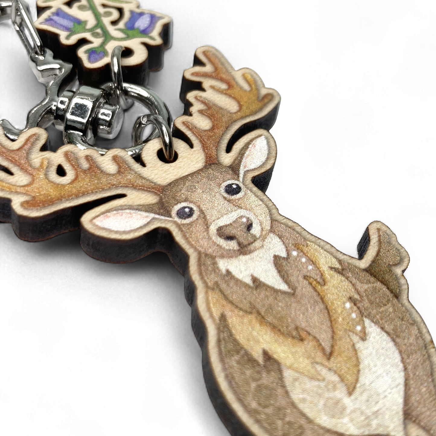 Wooden Keyring - Stag and Bluebell - Maple Wood Key Chain with Shell Clasp