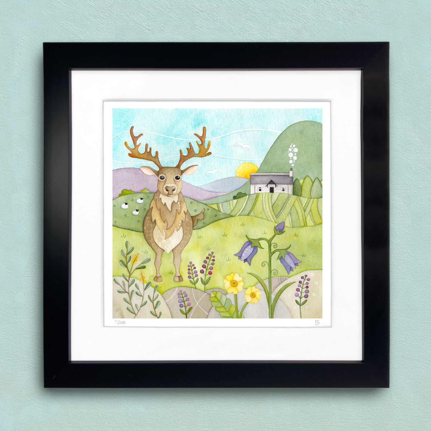 Framed Print - Stag, Bothy and Wildflowers - Scottish Highlands Watercolour Painting